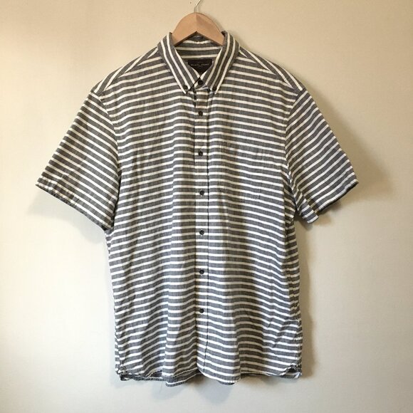 Black Brown 1826 Burton Grey and White Striped Button Down Casual Shirt - Picture 1 of 16